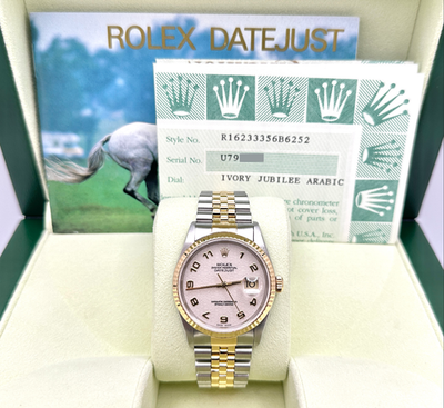 〇純正 ROLEX DATEJUST 16233 16013 YZ6480-1 Rolex Datejust 16233 36mm Ivory Jubilee Arabic Dial 18K Gold Steel