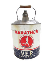 VINTAGE MARATHON PRODUCTS 5 U.S. GALLON OIL CAN, V.E.P. MOTOR OIL, RUNNING MAN