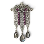Vintage 1928 Jewelry Brooch Purple Crystal Filigree Dangle Silver Tone Art Deco