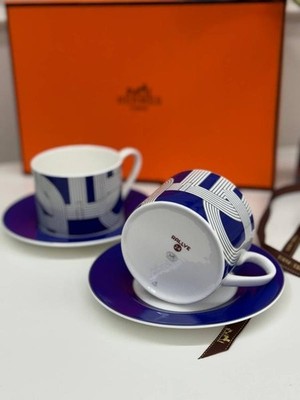 HERMES RALLYE 24 Blue White Porcelain Mug Coffee Tea Cup Saucer