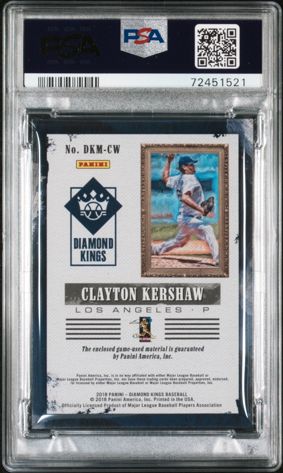 Pop1 GAME USED 2018 Panini DK Materials Clayton Kershaw Psa 10  view 2