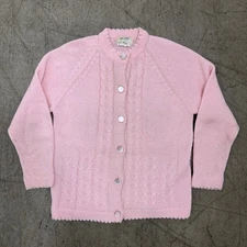 Vintage 80s Cardigan Sweater Pink L 100% Virgin Acrylic Hand Loomed