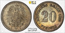 1875 C Germany (Empire) 20 Pfennig PCGS AU 55 Attractively Toned Original