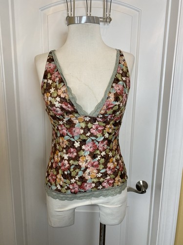 Alannah Hill Floral Blue Lace Trim Silk Spaghetti Strap Cami Top Size 10