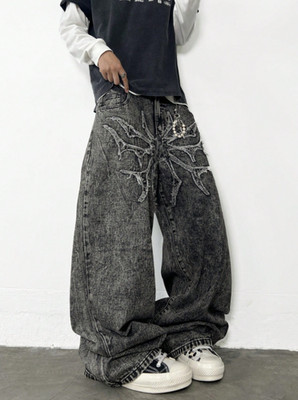   Acid Wash Baggy Jeans Abstrakte Stickerei Perlen weites Bein Y2K Avantgarde