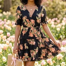 Hint of Blush Floral Tiered Faux Wrap Mini Dress Black Orange Size M Cottagecore