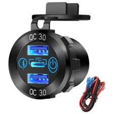 3-Ports Dual QC3.0 PD3.0 USB Car Fast Charger Adapter LED Socket Power Outlet