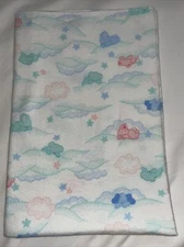 Vintage Cuddle Time Baby Blanket White Aqua Bunnies Bear Receiving Blanket 29x40