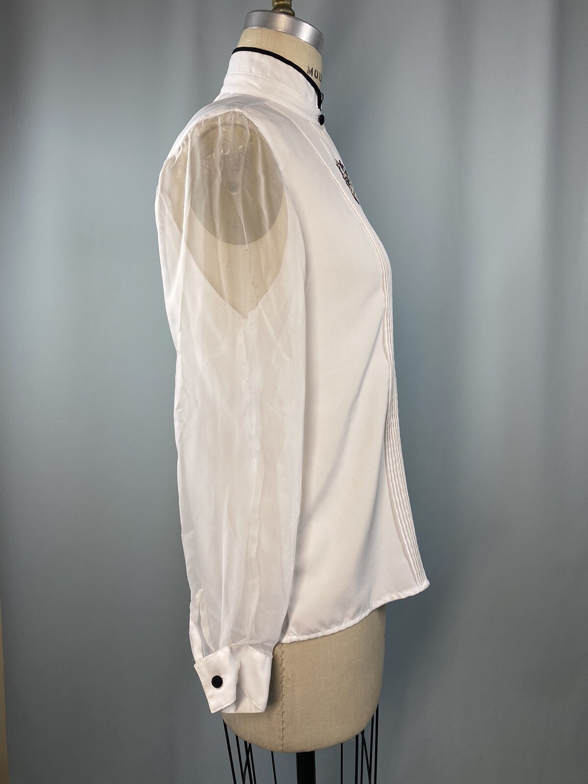 SAINT LAURENT Top vintage TAGLIA 6 MEDIUM bianco ricamato manica lunga trasparente Yves St. Clair anni 90