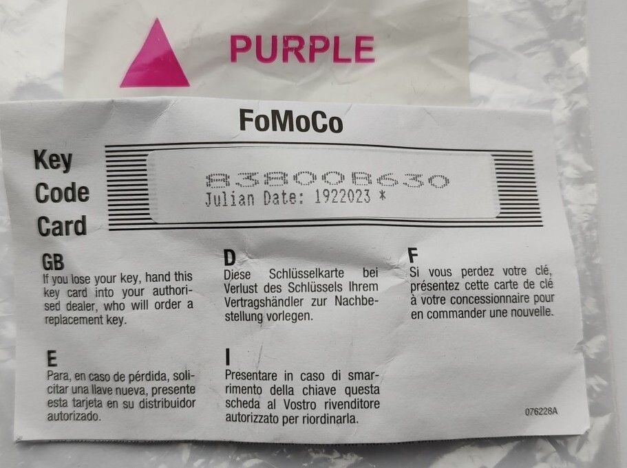 GENUINE FORD LOCKING WHEEL NUT BOLT KEY HEX 19mm PURPLE TRIANGLE