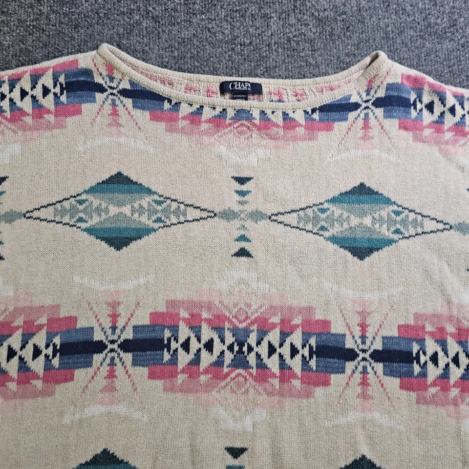 Chaps Sweater Top Womens 3X White Pink Linen Southwest Knit Short Sleeve Casual - Image 2 of 4