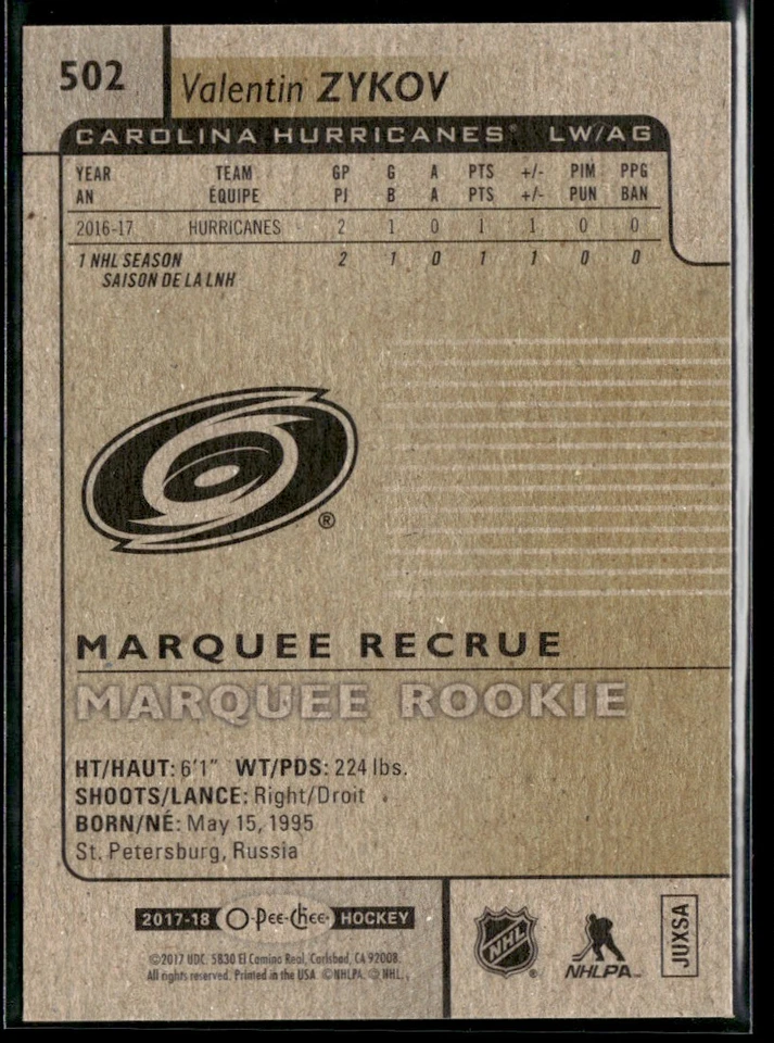 2017-18 O-Pee-Chee Valentin Zykov Rookie #502 - Image 2 of 2