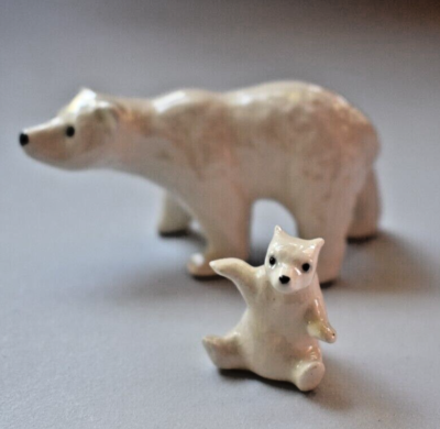 HAGEN RENAKER Polar Bear Sow & Sitting Cub Miniature VTG 1989 Bone