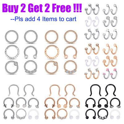 6-12PCS Nose Ring 316L Hinged Dangle Septum Clicker Daith Lip Horseshoes Hoop