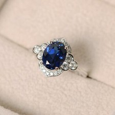 2ct Lab-Created Blue Sapphire Solitaire Round Floral Halo Ring White Gold Plated