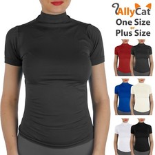 Women Short Sleeves Mock Neck Turtleneck Stretchy Side Ribbed Slim Fit Shirts