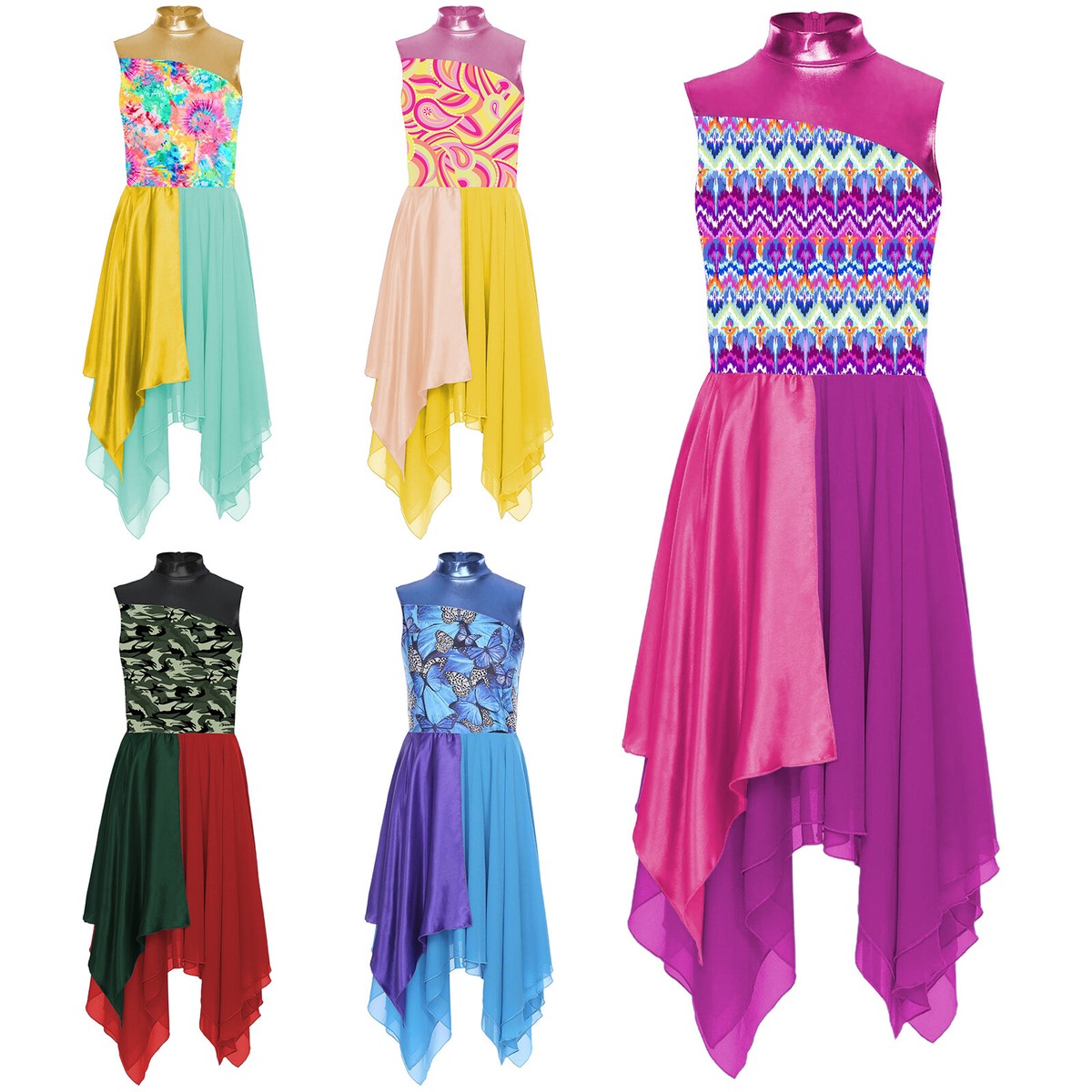 Womens Praisewear Chiffon Dress Color Block Dancewear Ballroom Praise Print  Hem