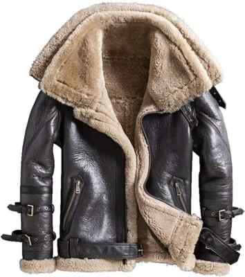 B3 Bomber Aviator RAF Real Sheep Skin Pilot Flying Double Collar Leather Jacket