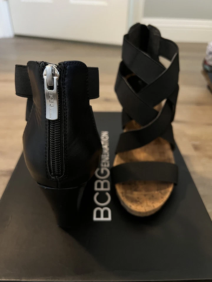 BCBGenration BEVLEA SZ 6.5M Womens Sandals Cork Wedge Black Straps — 第 4/4 张图片