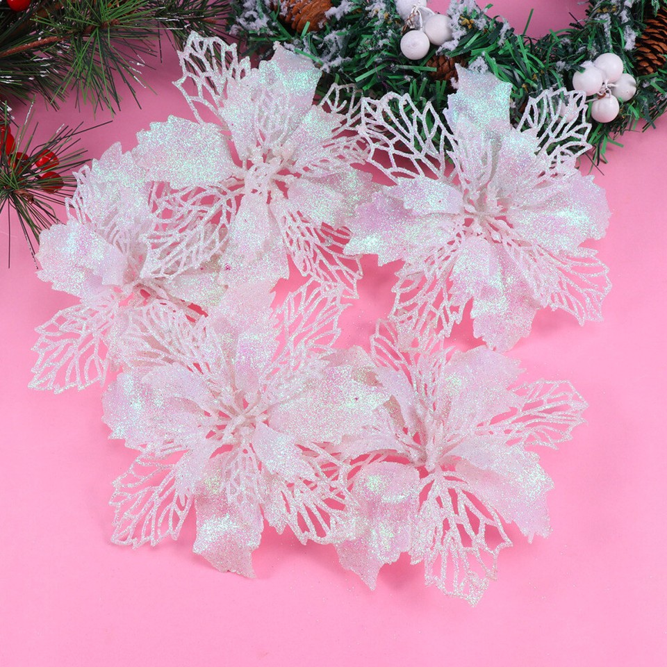12 Pcs White Poinsettia Christmas Tree Decorations Pink Small Wreath