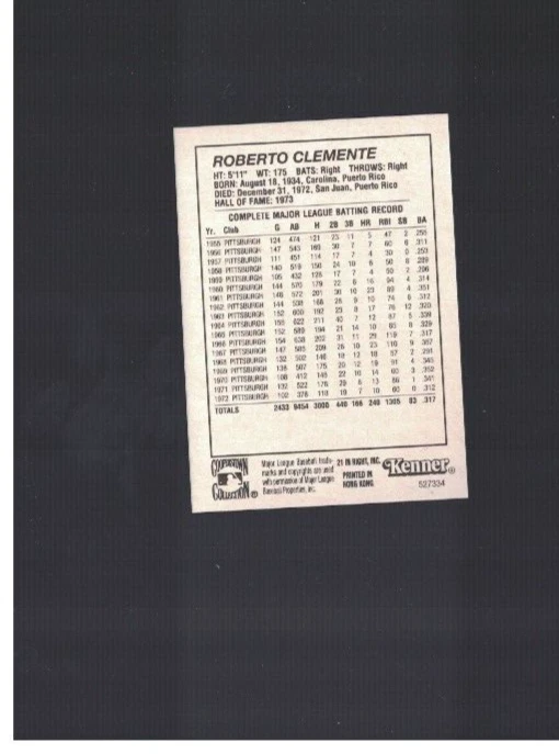 Roberto Clemente Pittsburgh Pirates 1996 Kenner SLU Baseball Card BX2 - Image 2 of 2