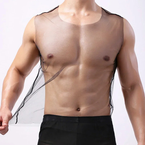 Brand New Men T-Shirt Vest See Through Sleeveless Solid Color T-Shirt Tank - Picture 3 of 28