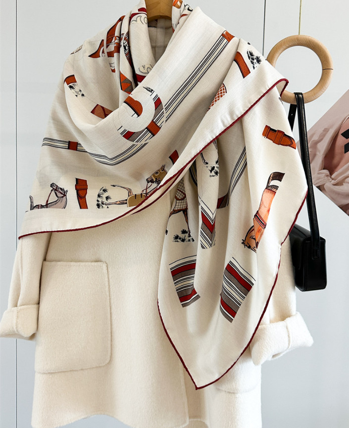 70% Cashmere 30% Silk Wrap Scarf BrownTotem Print Double Face Print Shawl 53''