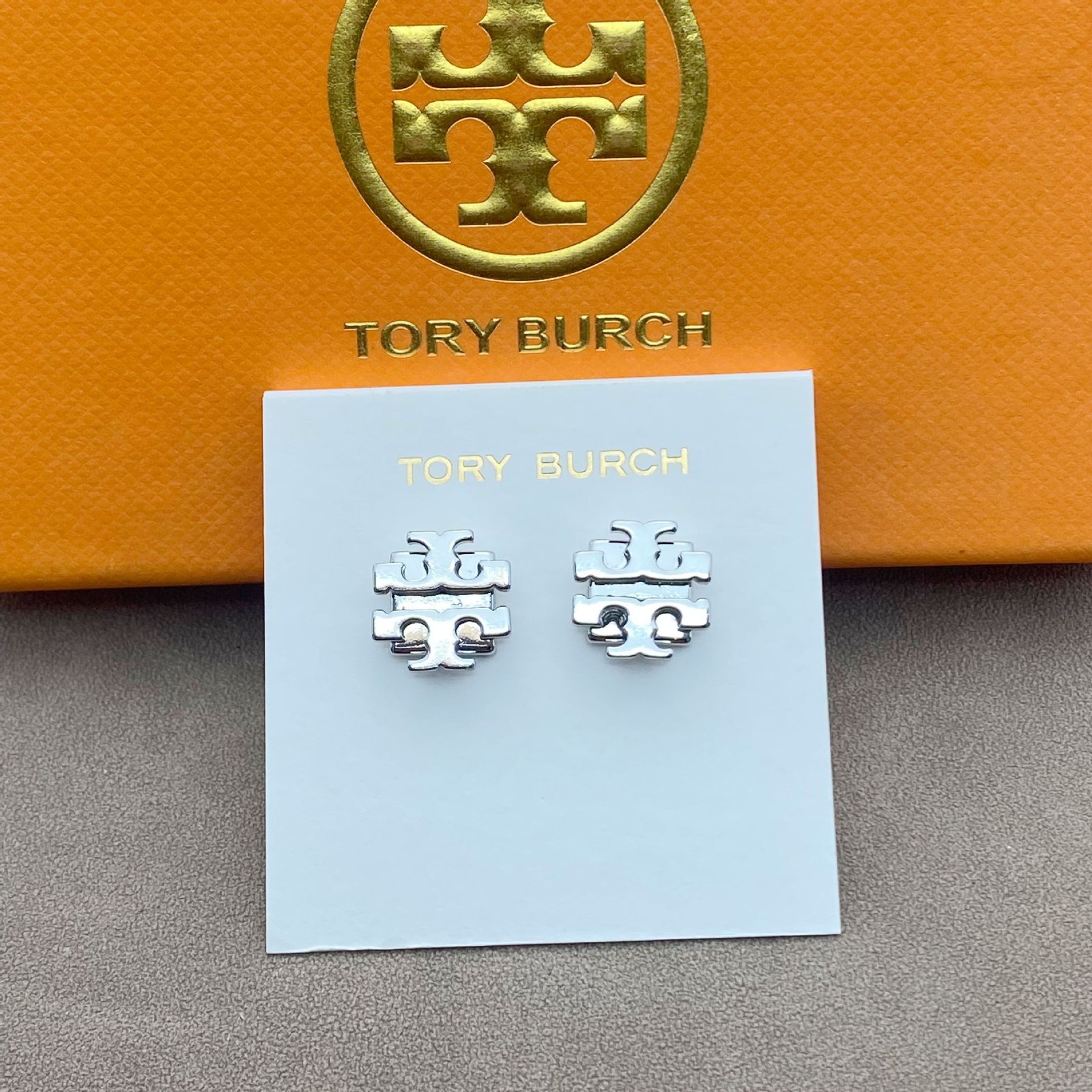 2026 New Tory Burch Logo Stud Earrings Silver