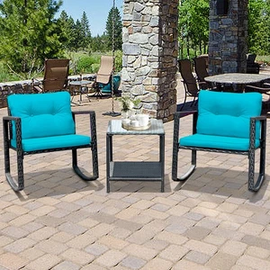 3PCS Rattan Rocking Chair Table Set Patio Furniture Set w/ Blue Cushions