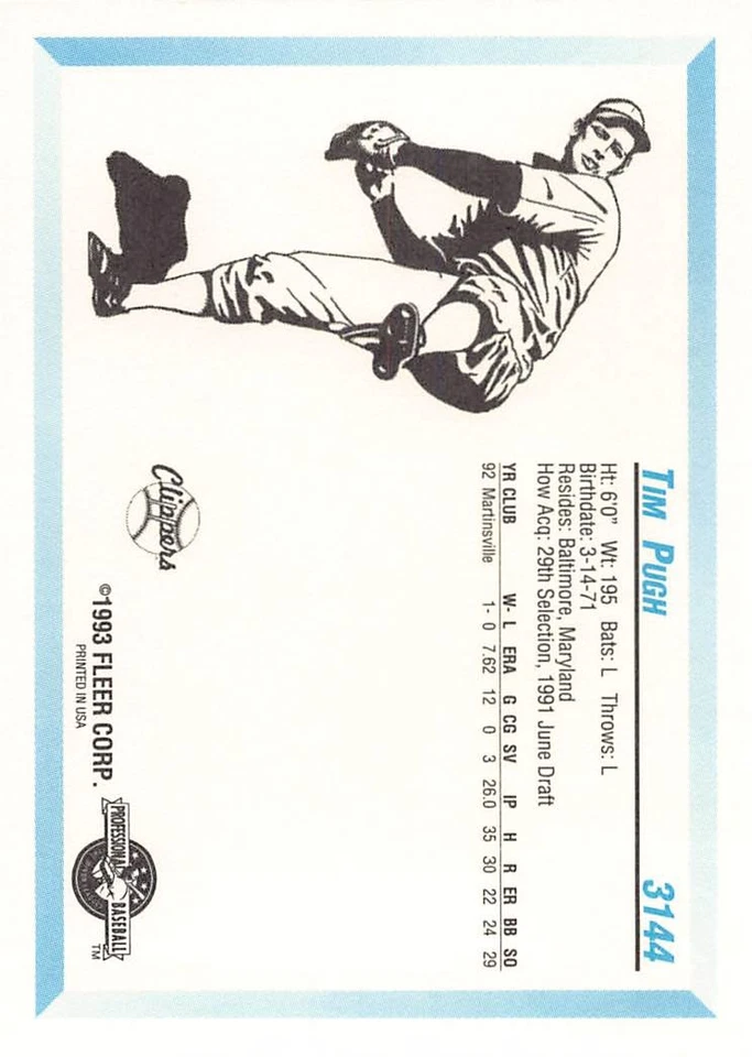 Tim Pugh 1993 Fleer ProCards 3144 Batavia Clippers Baseball Card - Image 2 of 2