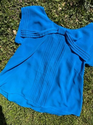 I Love H81 Forever 21 Royal Blue Pleated Off-The-Shoulder Bow Blouse Top Size La