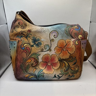 Anuschka Leather Hand-Painted Shoulder Strap Floral Purse With Purple Lining