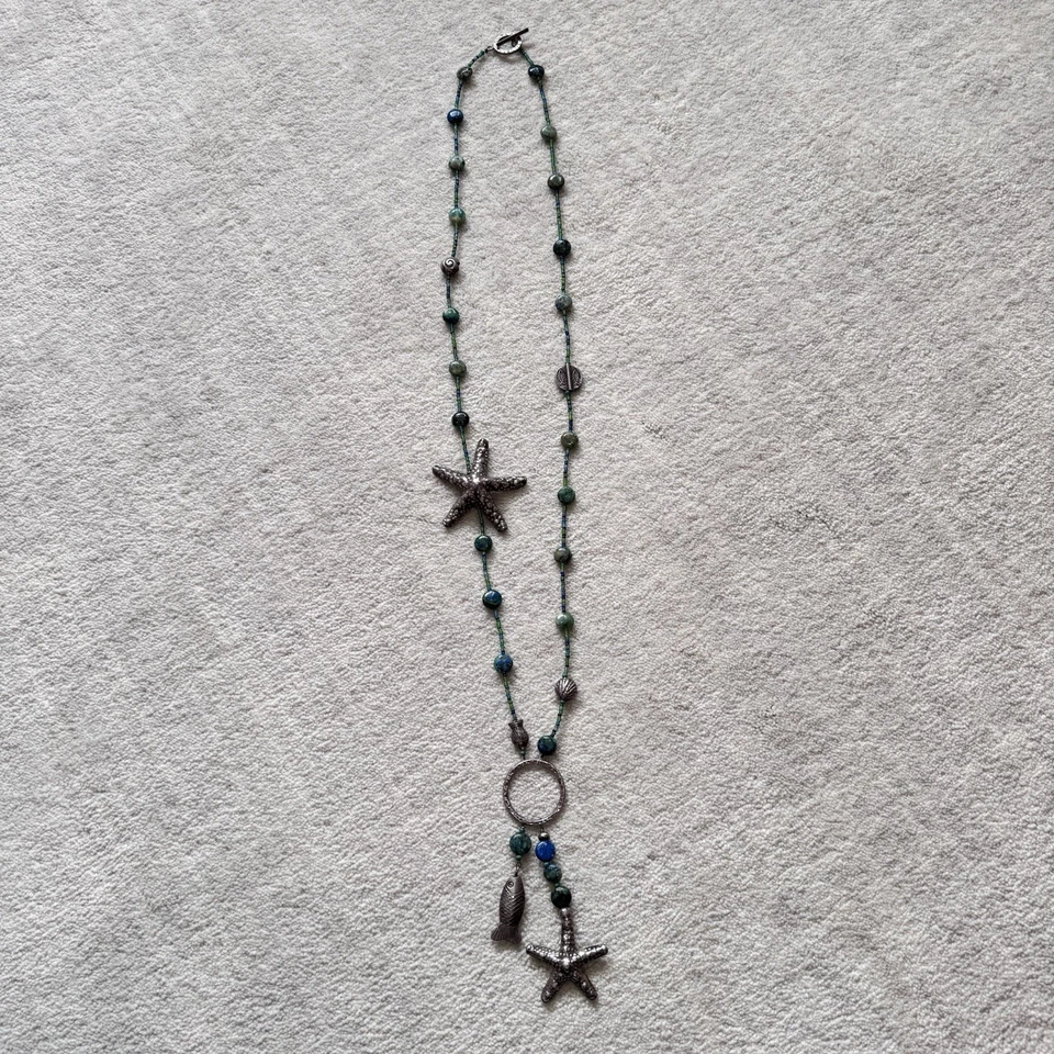 Collar largo de piedras preciosas de plata de ley estrellas de mar azurita malaquita cuentas de lapislázuli Foto 3 de 4