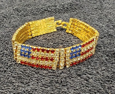 Vintage Patriotic 5 Row Rhinestone American Flag Cuff Bracelet 4th Of July USA