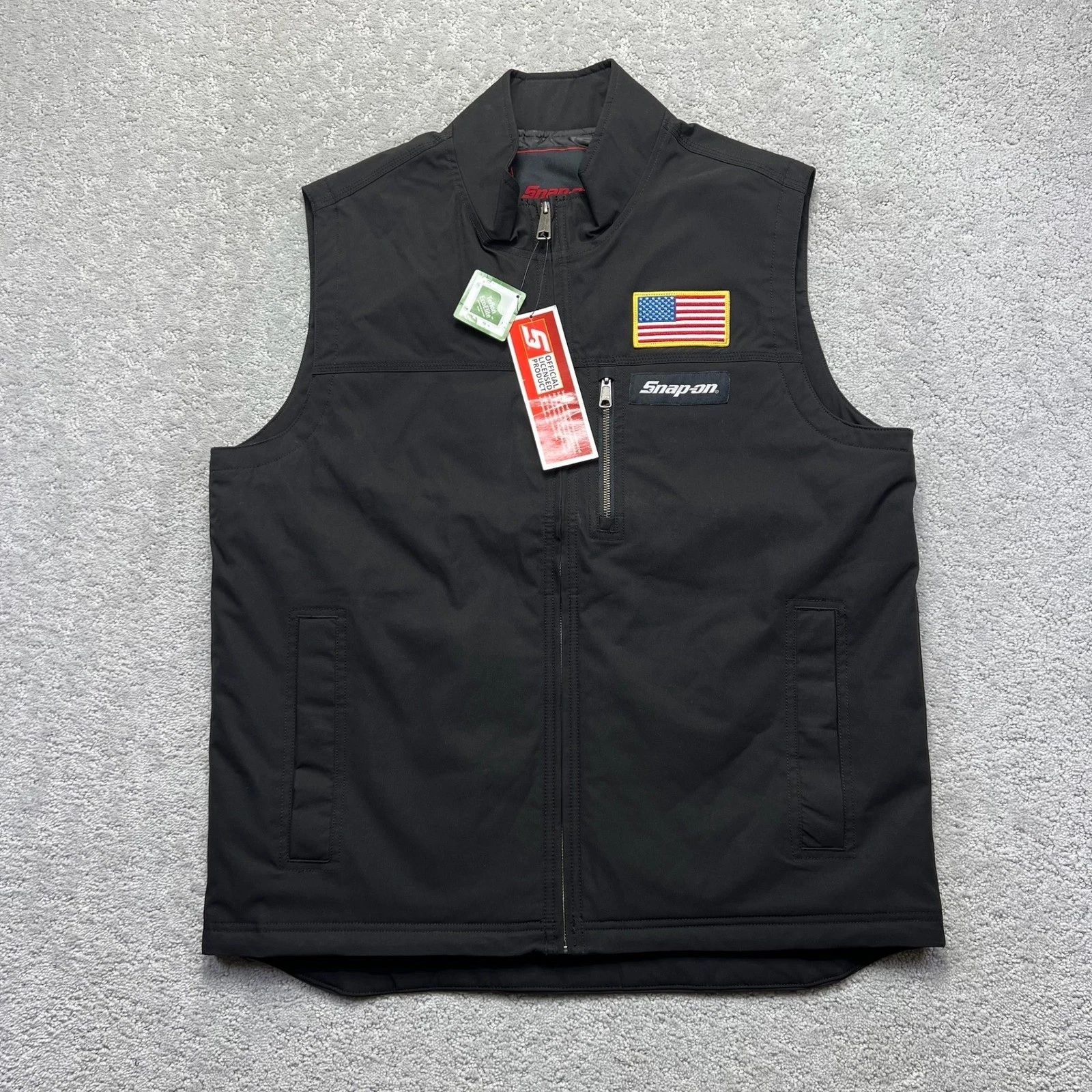 Snap-On Shield Vest Mens Large Black Ecoshell Quilt Lined Workwear USA Patch