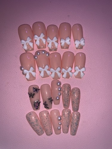 Handmade Pink with Bling/Charms Press-On Nails With Nail Care Kit!! Set of 20 - Picture 4 of 8