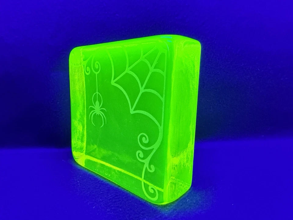 Uranium Glass Vaseline Spider Web Window Brick Sign Etched Vaseline Hand Made - image 3 of 4