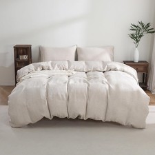 Natural Linen Duvet Cover Bedding Set Boho Farmhouse Style With Coconut Buttons.