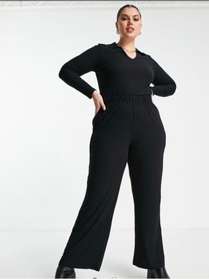 Vero Moda Ribbed Wide Leg Pants Women's Large Black Pull On Lounge Casual