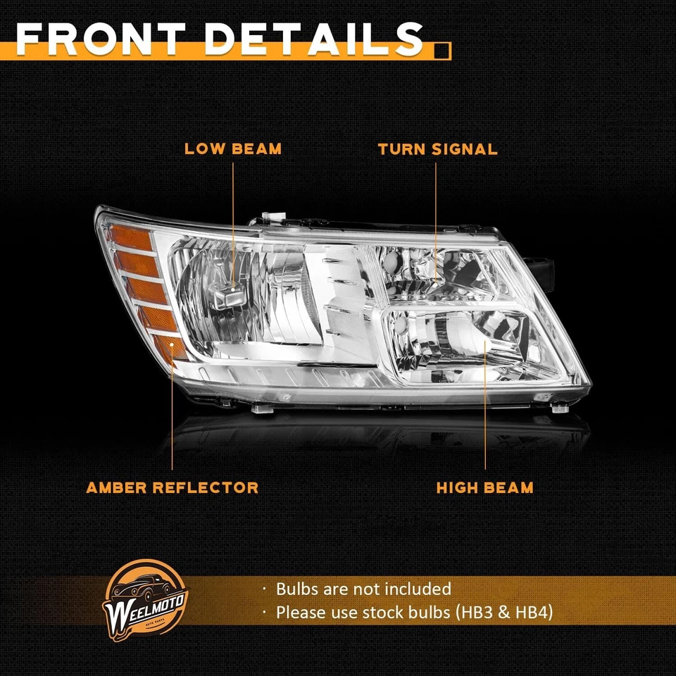 WEELMOTO For 2009-2020 Dodge Journey Headlights Pair Chrome Headlamps LH+RH Foto 4 de 4