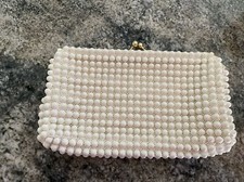 Vintage White Beaded Clutch Purse W/Gold Clasp Handmade Japan