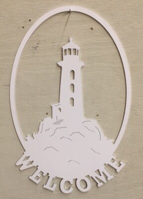 Welcome Lighthouse Metal Sign Art 19'' x 12'' White Ocean Beach Decor