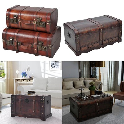Large Trunk Wood Treasure Chest Home Antique Storage Blanket