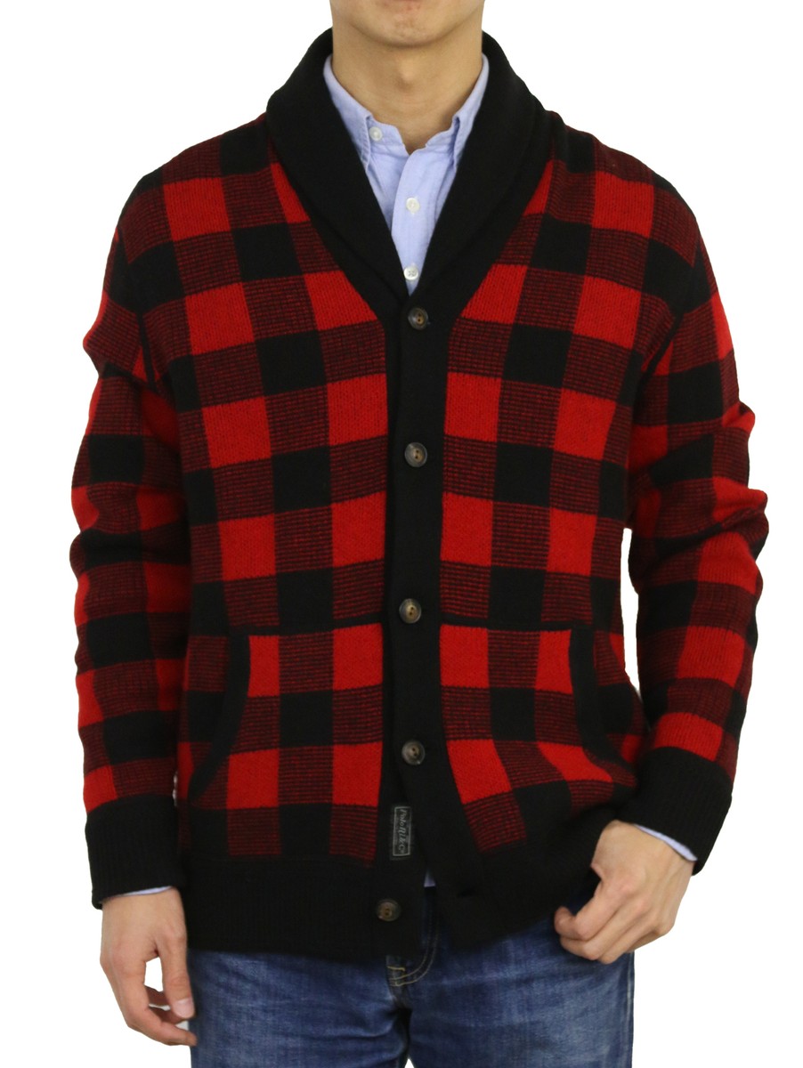 Men's Polo Ralph Lauren Red Black Check Plaid Wool Cardigan Men's Polo Ralph Lauren Red Black Check Plaid Wool Cardigan