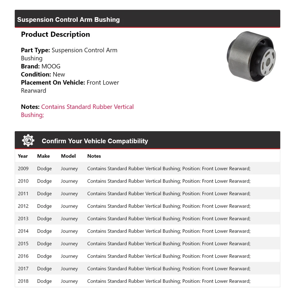 For 2009-2018 Dodge Journey Suspension Control Arm Bushing MOOG 2009 2010 2011 - Image 2 of 4