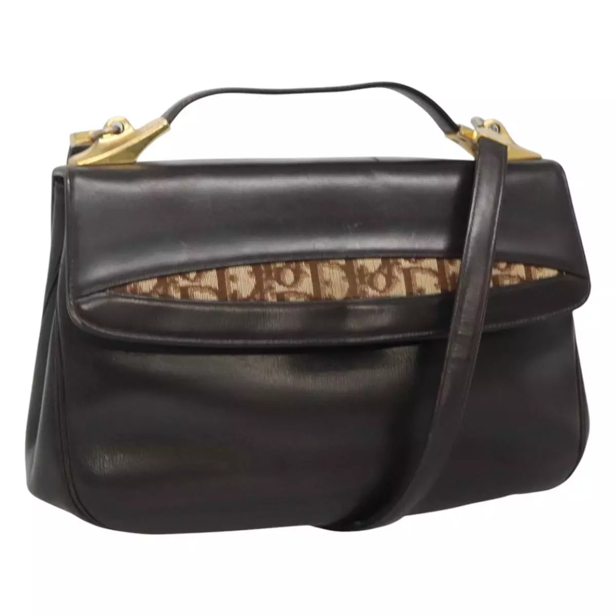 Sac à main Christian Dior trotteur toile cuir 2 voies marron doré authentique 114884