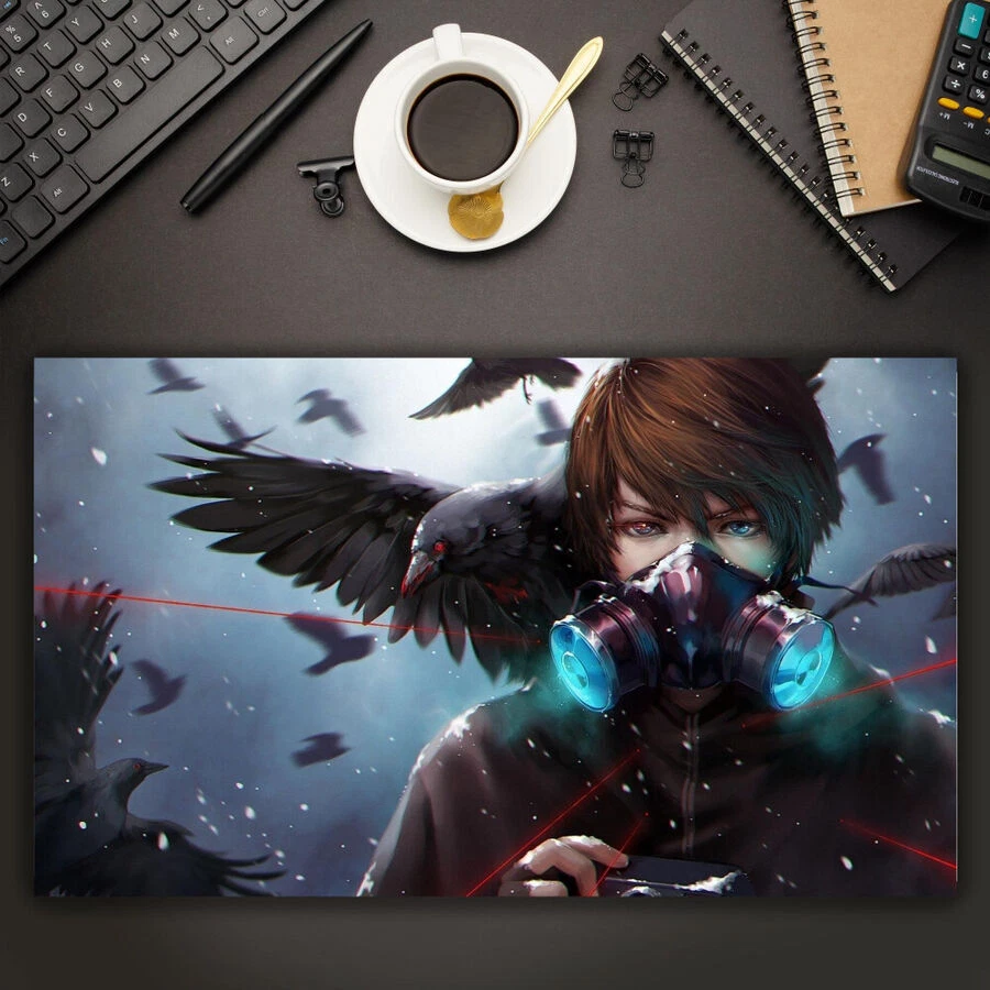 Anime Boy Crow Gas Mask Blue Eyes Brown Hair Blood Bir Playmat mat