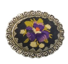Vintage Handmade Purple Pansy Needlepoint Brooch Petit Point Silver Tone