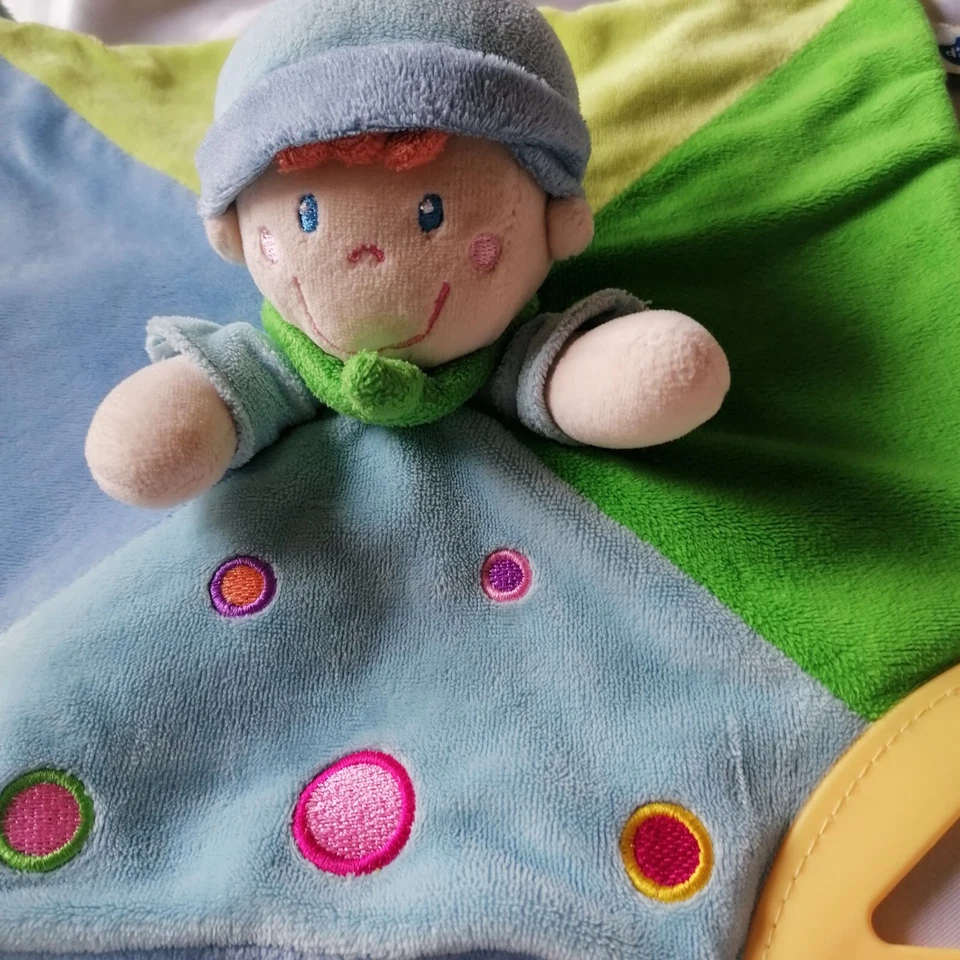 Doudou lutin, clown, bleu, vert, anneau de dentition, Mots d'enfants - Photo 2/4