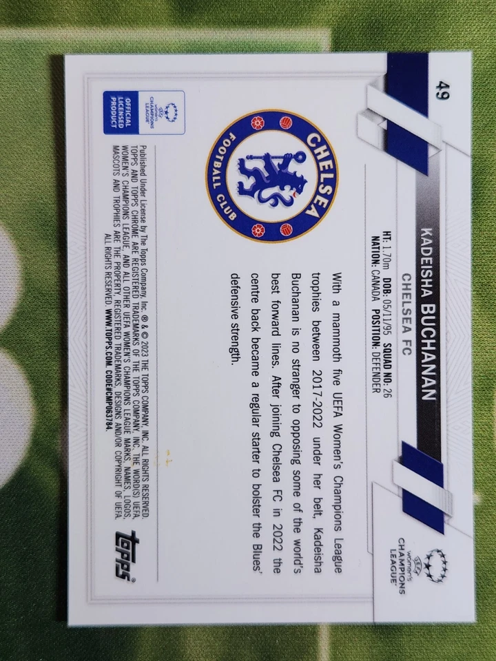 2023 Topps Chrome Sapphire Womens UEFA Kadeisha Buchanan Green /99 #49 - Image 2 of 2